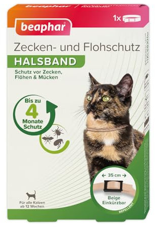 BEAPHAR - Zecken- Und Flohschutz Halsband Für Katzen Ab 12 Wochen - Repellent - 4 Monate Schutz Vor Zecken, Flöhen Und Mücken - Regenfest - Bandlänge 35 cm - Beige