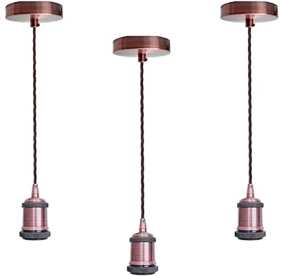Industrial Antique Copper Pendant Light Fitting Metal E27 Screw Lamp Holder | with Lock Ring for Shade Metal Ceiling Rose with 95 cm Adjustable Brown Braided Flex Cable Ceiling Light Fixture