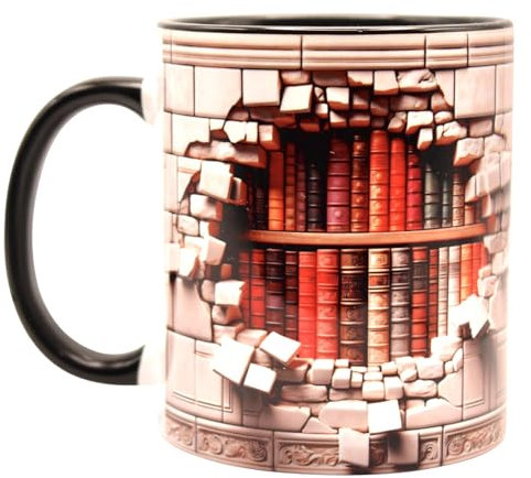 Shopi Zone Taza de Cerámica con Diseño de Biblioteca en Efecto 3D - Una taza única perfecta para sorprender a los Amantes de los Libros y la Lectura