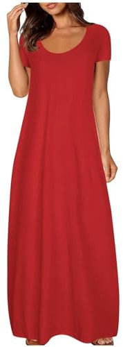 Maxi Dresses for Women UK Short Sleeve Summer Ladies Casual Long Dress Round Neck Plain Sundress Stretchy Loose Fit Plus Size Clothing A Red