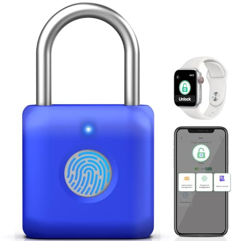 Anweller Vorhängeschloss Fingerabdruck,Fingerabdruck Schloss,Smart Schloss mit Bluetooth, Schloss mit Fingerabdruck Klein für Gym, Büro, Haus, Garten(Saphirblau)