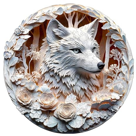 Holzpuzzle Erwachsene 3D Wolf - 300 Teile Rundpuzzle Geschenkbox, Wanddekoration (Erwachsene/Kinder)