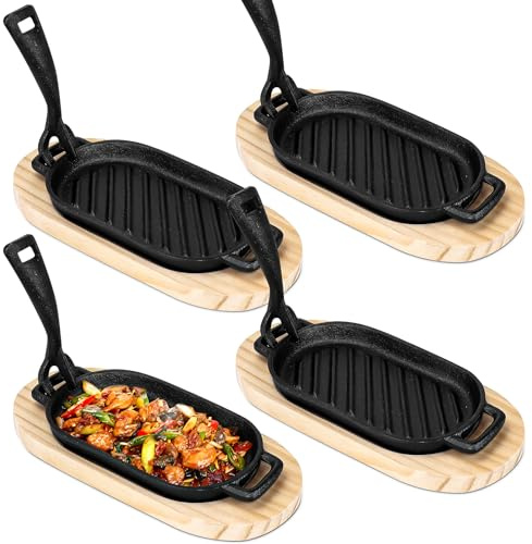4er Set Gusseisen Fajita Pfannen, 22 x 11 cm Kleine Sizzler Steakplatten
