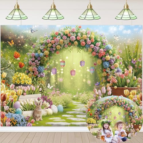 Easter Backdrops for Photography 7x5FT Blue Sky Bunny Eggs Spring Garden Flowers Background Kids Easter Party Decorations Banner Photo Props