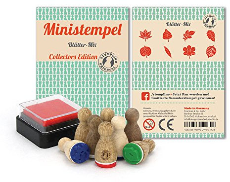 Stemplino Stempelset Blätter - 8 Ministempel aus Holz plus Stempelkissen, Mini Stempel Set Mix