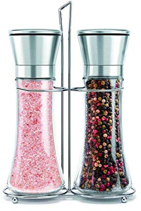 Salt and Pepper Mill Set with Stainless Stand, Adjustable Coarseness Refillable Salt and Pepper Grinder Set of 2, Ceramic Grinding Core and Durable Glass(Tall)…