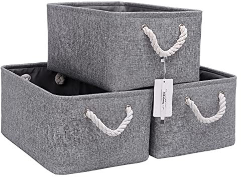 CREADARD Fabric Storage Basket Set of 3, Foldable Linen Storage Box for Nursery and Home, Collapsible Canvas Shelf Basket for Wardrobe or Bedroom, Grey