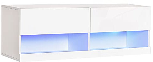 HOMCOM TV Board Fernsehtisch Hängeboard mit bunter LED-Beleuchtung 16 Blinkmodi Wandmontierter TV Schrank Kommode mit Schubladen und Offene Regale Hochglanz Weiß 120 x 35 x 40,5 cm