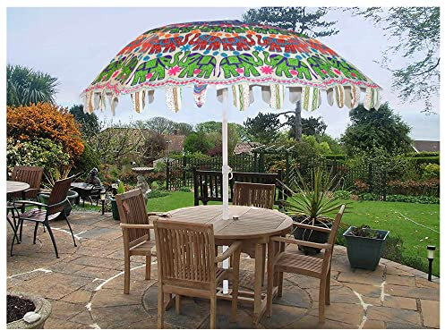 Marusthali Indian Garden Parasol, Beach Parasol, Large Outdoor Home Sun Shade Cotton Sun Umbrella, large garden umbrellas outdoor, Indian parasol garden umbrella Diameter: 228 cm (White Elephant)