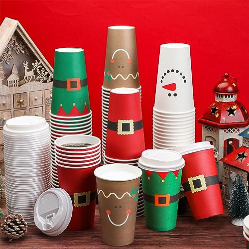 Dandat 100 Stück Weihnachts-Kaffee-Pappbecher mit Deckel, 473 ml, Einweg-Pappbecher in Weihnachtsmann, Schneemann, Elf, Elch, Designs für heißen Kakao, Tee, Getränke, Urlaub, Weihnachten, Partyzubehör