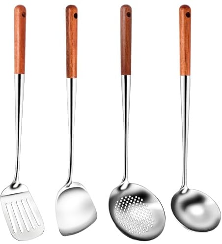 FutureHight Langer Rostfreier Stahl Wok Spachtel KüChe Schlitz Wender SchöPfen Kelle Kochen Werkzeuge Utensilien Set