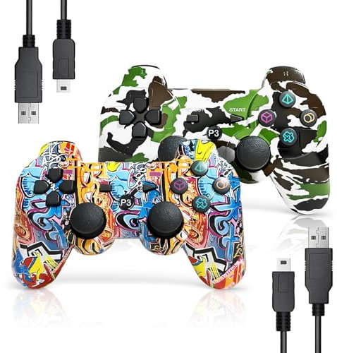 AUFGLO Retro Gaming Controller for P-S3, Wireless Move/Motion Controller Gamepad with Improved Joystick Compatible with P-S3 (Graffiti + Camouflage)