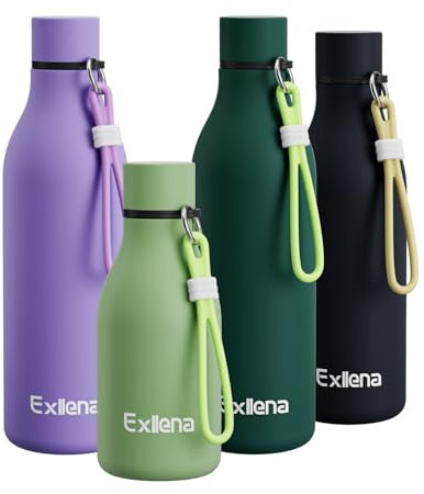 Exllena Botella de agua pequeña de 350 ml con correa de silicona, doble pared al vacío, botella de agua pequeña de metal que mantiene las bebidas frías 24 horas/calientes 12 horas, botella de agua