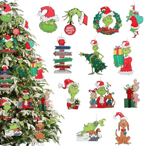 Grinch Decorazione Natalizia - 24 Pezzi Ciondoli Legno, Ornamento e Artigianato per Feste e Decorazioni