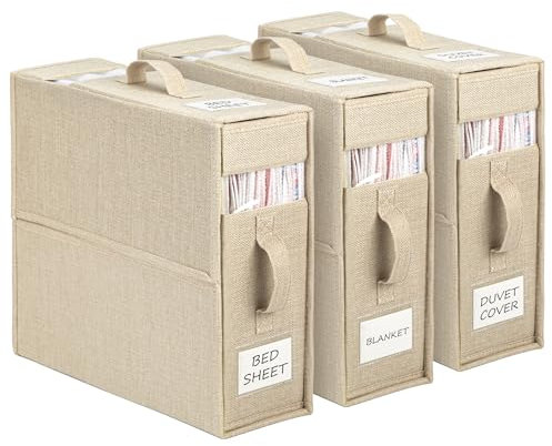 Yeahshion Aufbewahrungstasche für Bettlaken, 3 Stück Faltbare Bettwäsche Organizer, Praktische Lagerung von Bettwäsche und Decken für King & Queen Size Betten, Beige