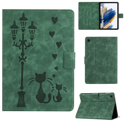 Rosbtib Funda para Samsung Galaxy Tab A8 (2021/2022) 10,5 Pulgadas Modelo SM-X200/X205/X207 Funda Protectora de Piel sintética con Soporte, Una Pareja de Gatos íntimos bajo una farola, Verde