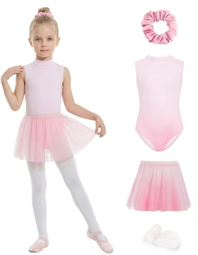 JiAmy Girls Ballet Leotard 4 Pcs Tutu Skirt Dance Gymnastics 4-12 Years | 4-12Years, 4 pcs ballet leotard set with sleeveless top tutu skirt scrunchie and pad, stretchy polyester spandex dancewear