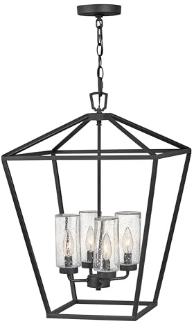 Hinkley Alford Place 2567MB-LV Large Outdoor Open Single Tier 12v Chandelier - Die Cast Aluminum Frame, Colonial-Style Candelabra, Clear Seedy Glass Shades - Museum Black