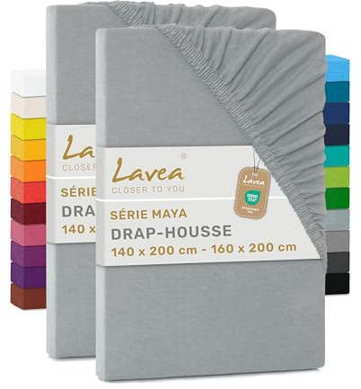 Lavea® 2er Pack Jersey Spannbettlaken 140/160x200cm – Silber | 100% Baumwolle – Weiches Bettlaken für Matratzen bis 20 cm Höhe – Formstabil und Langlebig