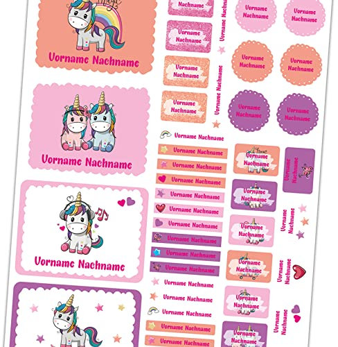 50 x Namensaufkleber mit Wunschname personalisiert Aufkleber Set mit Kinder Name Beschriftung Schule Kindergarten Kleidung Sticker wasserfest (07 Einhörner)