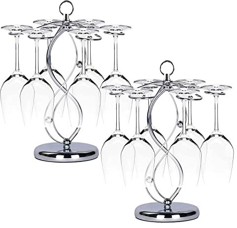 TENINE Tabletop Wine Glass Rack, 6 Wine Glasses Holder Storage/Freestanding Stemware Organizer, Upside Down Hanging Wine Goblets Display Decorative Countertop Frame Drying System