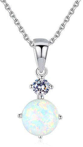 Bellitia Jewelry Damen Opal Halskette aus 925 Sterling Silber, Geburtsstein Anhänger Frauen Weißer Opal Zirkonia Schmuck Geschenk für Valentinstag Muttertag