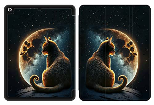 Sunrive Tablet hülle kompatibel mit iPad 9 8 7 (10,2,Model 2021 2020 2019, 9.8.7.Generation) Cover Case,PU Leder Schutzhülle Trifold Ständer Schutzhülle mit Stifthalter-Mond,Sterne,Katze,
