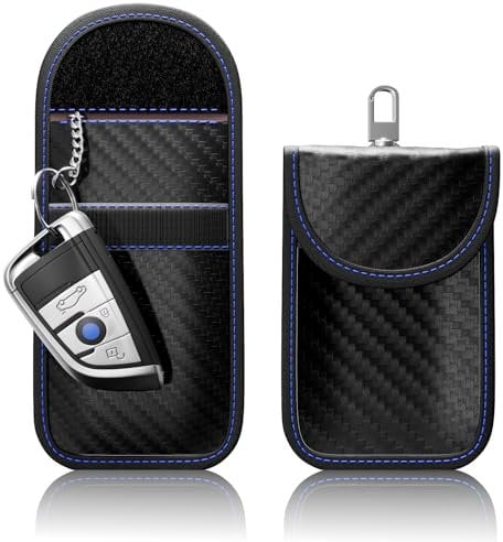 2 Stück FOAMO Keyless Go Schutz Autoschlüssel Funkschlüssel RFID Abschirmung Blocker Schlüssel-Tasche Schlüsseletui Carbon Schwarz Blau