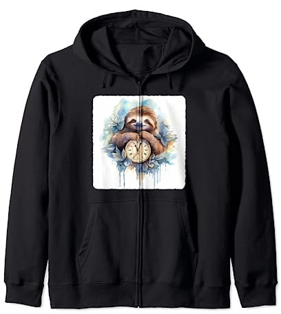 Faultier mit einer Uhr. Faultier neben einer Uhr, Geduld Kapuzenjacke