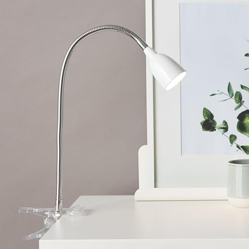 Lightbox LED Schreibtischlampe - Klemmleuchte mit Schalter & einstellbarem Flexgelenk - 38 cm Höhe - 2,4 W - 250 lm - 3000 K - aus Metall/Kunststoff in Eisenfarben/Weiß
