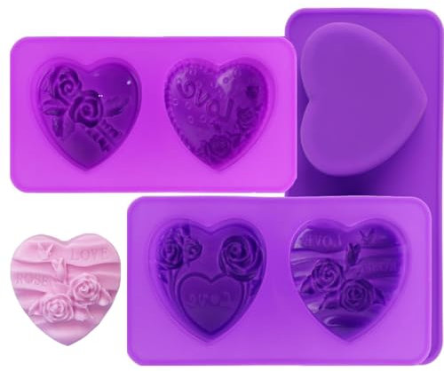 LdawyDE Moldes para Jabones Artesanales, 2 Piezas 2 cavidades Moldes Silicona en Forma de Corazón 3D Rosas Love Corazón Moldes Silicona Manualidades para jabón, fabricación de velas