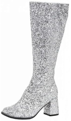 BloomFashion® Women’s 1960’s 70’s Fancy Dress Party GOGO Boots – Ladies Retro Knee-High Long Heel Sparkly Glitter Go Go Boots Shoes With Side Zip Closure (Silver glitter, 5Uk)