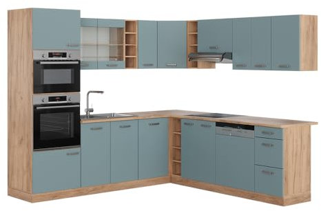 Vicco Eckküche R-Line, Blau-Grau/Goldkraft Eiche, 237 x 247 cm ohne Arbeitsplatte