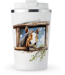 MAXIKIWI - Tazza termica a doppia parete, a tenuta stagna, in acciaio inox, tazza da viaggio per caffè o tè, con coperchio, mantiene le bevande calde e fredde - Divertente cavallo fuori dalla finestra