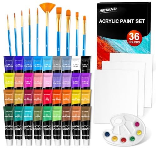 Acrylfarben Set 36x12ml mit 10 tlg. Pinsel, Acrylfarben wasserfest und lichtecht, ungiftig, Acrylfarben Set, ideal für Leinwand, Papier und Stoffe, Geschenke für Weihnachten und andere Feiertage