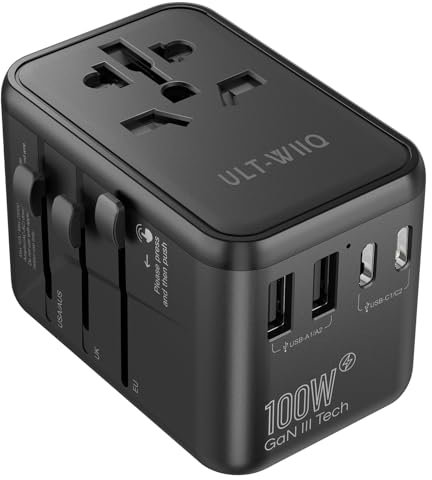 100W GaN Reiseadapter Weltweit USB C PD 3.0 QC, USB A und C Schnelles Aufladen Reisestecker Adapter, World Travel Ladegerät für EU, DE, ZA, IT, ES, TR, BR, FR, UK, JP, USA, CN, Thailand, India