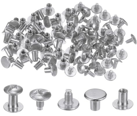 QUARKZMAN 100set Rotondo Piatto Testa Viti Bottoni 5/16 Metallo Perno Vite Rivetti per Fai da Te Pelle Artigianato Rilegatura Argento Tono