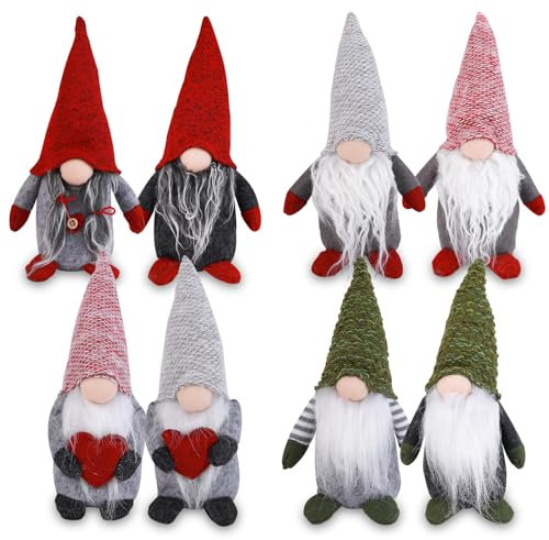 Anstore Xmas Gonks, 8pcs Christmas Gonks Gnomes - 20cm/7,8inch Christmas Figurine and Santas Grotto Decorations Gnome Handmade Gonks Figures Plush Doll for Xmas Table Decorations-Red Green Gray