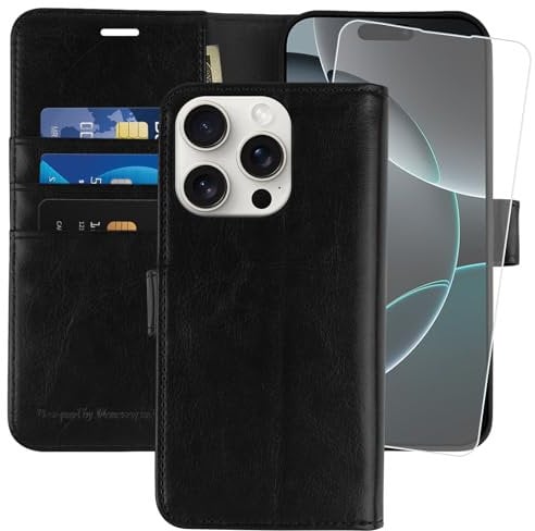 MONASAY for iPhone 16 Pro 5G Wallet Case,[Glass Screen Protector Included] [RFID Blocking] Flip Folio Leather Cell Phone Cover with Credit Card Holder, 6.3-inch, Black