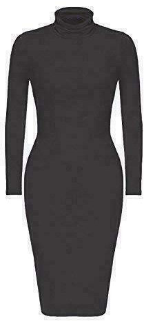 Shop Nova® Plain Polo Neck Long Sleeve Midi Dress Ladies Stretch Bodycon Fancy Casual Dresses for Women Party Knee Length Maxi Longline Tops UK Size 8-26 (Black, 10)