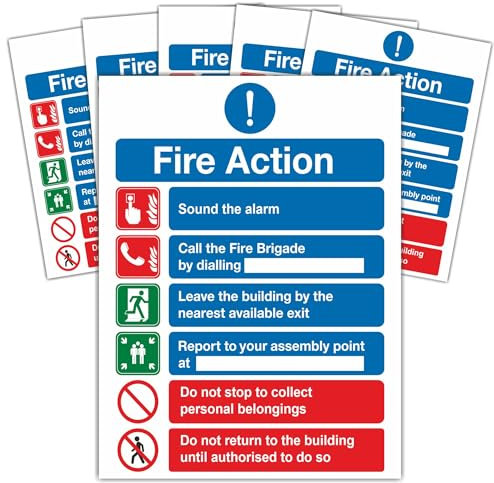 Fire Action Vinyl Sticker Pack of 6 - Self Adhesive Fire Safety Signs - 15x20cm Evacuation Notice Stickers for Walls, Doors - Notice Sign Set for Workplace, Offices, Schools