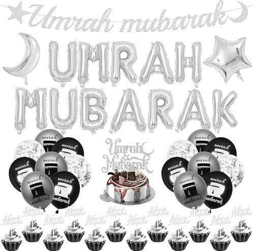Umrah Mubarak Decoration Set Silver - 33 Pcs Umrah Mubarak Letter Balloon Banner Confetti Latex Balloons Cupcake Cake Toppers for Ramadan Muslim Eid Umrah Mubarak Party Supplies
