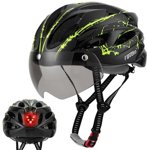 Favoto Casco da Bicicletta con Visiera Luce - Caschi Bici Ciclismo per Adulti Tecnologia Inmould Fodera Removibile Traspirante Leggero L 59-61cm Regolabile Nero Verde