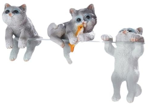 Peosaard Miniature Hanging Cat Figurines, 3Pcs Flower Pot and Vase Hugger, Cat-Shaped Aquarium Ornaments Hanging on Edge Decor for Enthusiasts, Grey