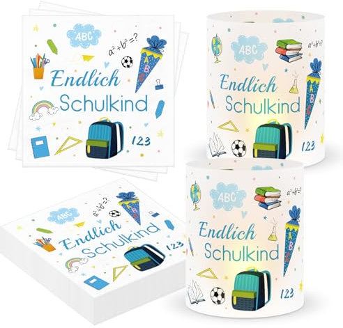 30 Stück Servietten Einschulung + 10 Stück Windlicht Tischdeko Einschulung, Servietten Schulanfang Mädchen Junge Deko Einschulung Tisch, Servietten Endlich Schulkind Tischdeko Schulanfang (Blau)
