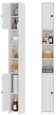 RRX Tall Bathroom Storage Cabinet,Slim Bathroom Cabinet with Door &Shelf,13.8 L*12.6 W*63.4 H,Freestanding Narrow Cabinet with Anti-Tip,Storage for Bathroom, Kitchen,Entryway (Milky White)