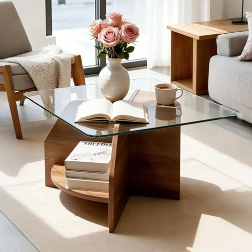 QUANNIL Table Basse carrée Moderne avec Rangement, Plateau en Verre trempé de 23/31 Pouces et Pieds Stables, idéale pour Le Salon, la Chambre ou Le Balcon.(Walnut,80cm/31in)