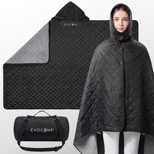 EVOCAMP Outdoor-Decke, ultraleichte, warme Campingdecke, wasserabweisend, Windschutz, 200x140 cm, Thermodecke mit Fleecefutter, Poncho-Liner, Stadiondecke, mit Tasche 33xØ16 cm, 880 g, Schwarz-Grau