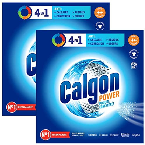 CALGON Lot de 2 Poudres 4en1 Anticalcaire Nettoyant pour Lave-linge - 60 doses - 1,5kg