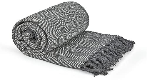 Emma Barclay Herringbone - Recycled Cotton Patterned Chair Sofa Setee Bed Throw Over Blanket in Silver Grey- 70x100 (178x254cm)